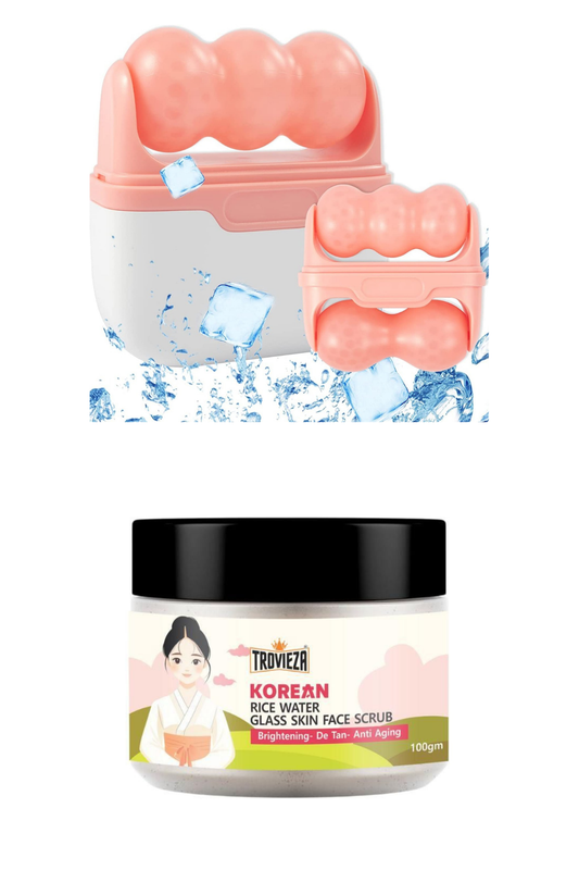 “Glass Skin Glow Duo – Korean Rice Scrub + 2-in-1 Ice Roller (10% OFF Combo)”